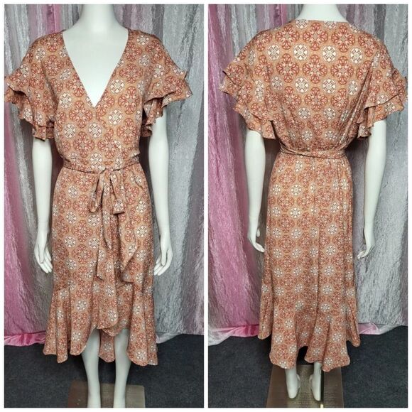 Max Studio Coral Floral Abstract Ruffle Sleeve Wrap Crepe Dress Size Small - Picture 1 of 14